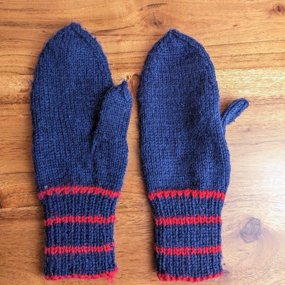 Child's Handmade Cottagecore Knit Blue Mittens with Red Stripes